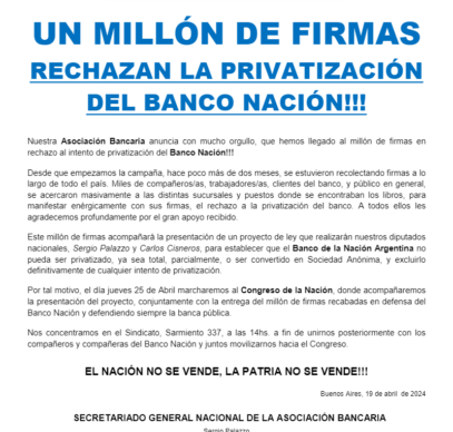 Trabajadores bancarios de todo el país marchan contra la privatización del Banco Nación