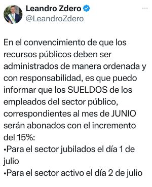 Zdero anunció el cronograma de sueldos de junio