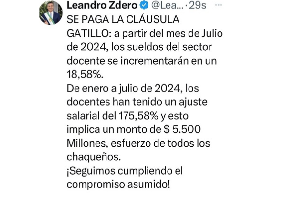 Zdero anunció el pago de la Cláusula Gatillo